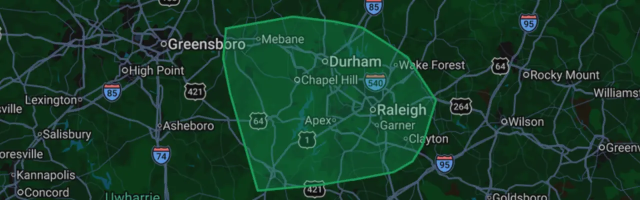 Map of Triangle Web Design service areas across Raleigh, Durham, Chapel Hill, and Cary
